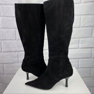 BP Sz 7.5 black tall suede pointy toe heeled boots whipstitch details